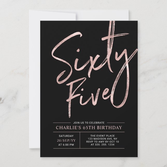Invitation Soixante-cinq | Rose Gold & Black 65e anniversaire (Devant)