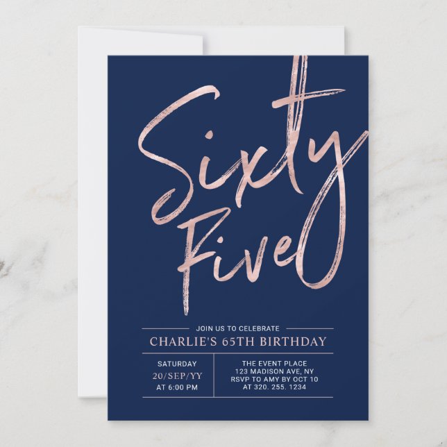 Invitation Soixante-cinq | Rose Gold & Navy 65e anniversaire (Devant)