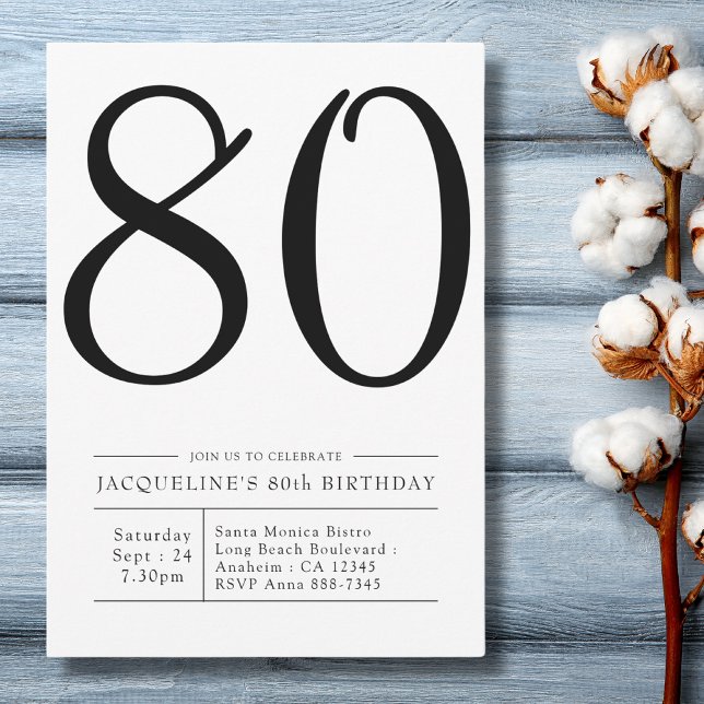 Invitation Soixante-dix-80e anniversaire Simple Party (modern simple black and white 80th birthday party invitation on a blue wood background.)
