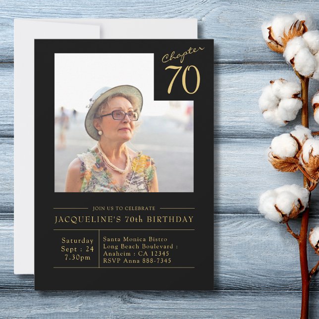 Invitation Soixante-dix Black Gold 70th Birthday Party Invita (70th Birthday Black and gold birthday party invitation with photo on a light blue wood table top)