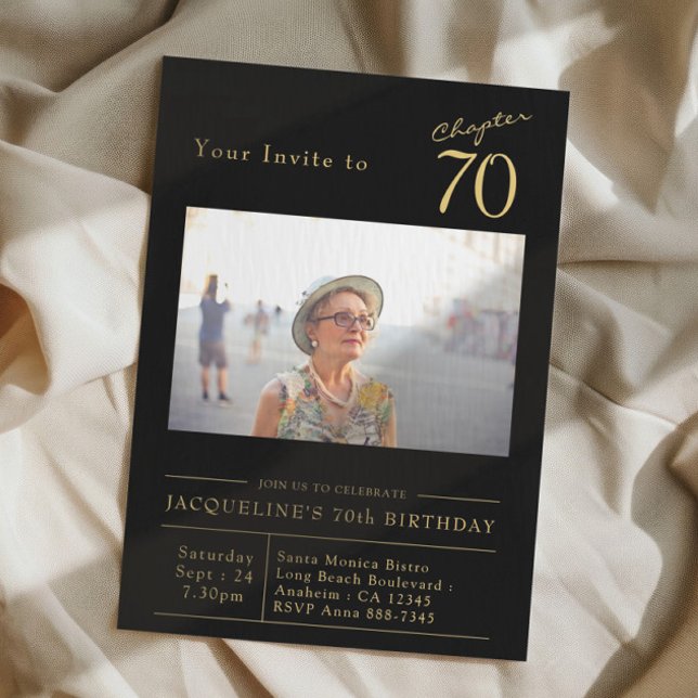 Invitation Soixante-dix Black Gold 70th Birthday Party Photo (70th birthday party invitation in black and gold on a fabric background)