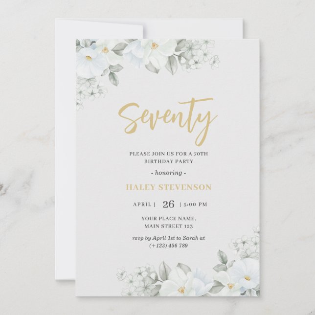 Invitation Soixante-dix Blanc & Or Blanc Floral Élégant Anniv (Devant)