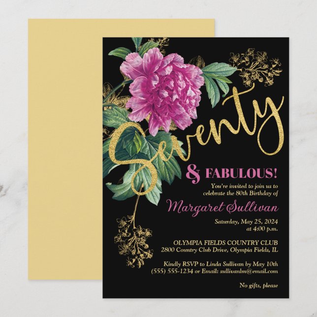 Invitation Soixante-dix et fabuleux Peony rose Anniversaire (Devant / Derrière)