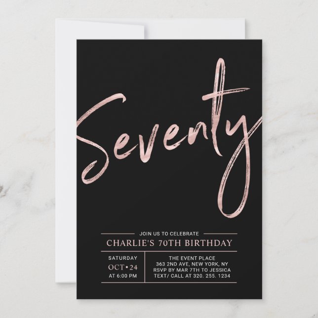 Invitation Soixante-Dix | Rose Gold & Black 70th Birthday Par (Devant)