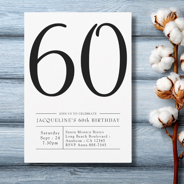 Invitation Soixante-dix-sixième anniversaire Soirée simple (Modern 60th Birthday Party Invitation in black and white on a blue wood plank background.)