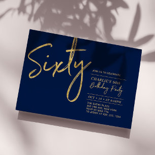 Invitation Soixante   Navy & Gold Modern 60th Birthday Party