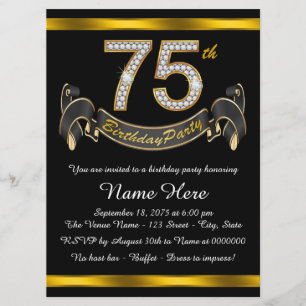 Invitation Soixante-quinzième fête d'anniversaire Noir et Or