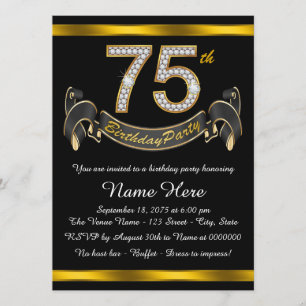 Invitation Soixante-quinzième fête d'anniversaire Noir et Or