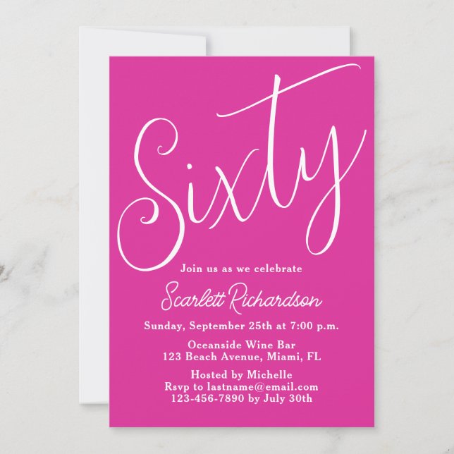Invitation Soixante Script moderne rose 60e anniversaire (Devant)