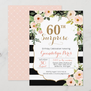Invitation soixantième Anniversaire floral de rayure blanche