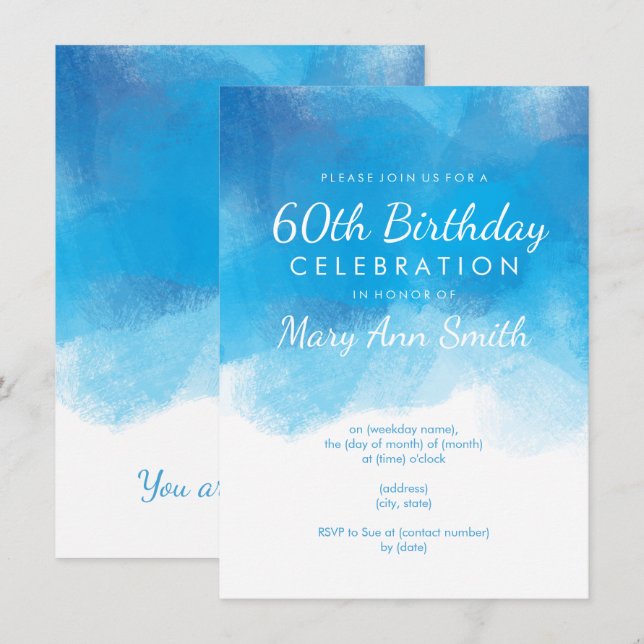 Invitation Soixantième aquarelle simple de bleu de fête (Devant / Derrière)