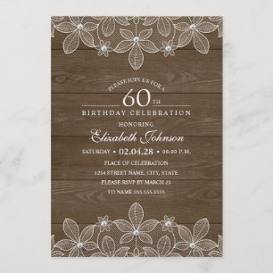 Invitation soixantième dentelle unique en bois rustique de