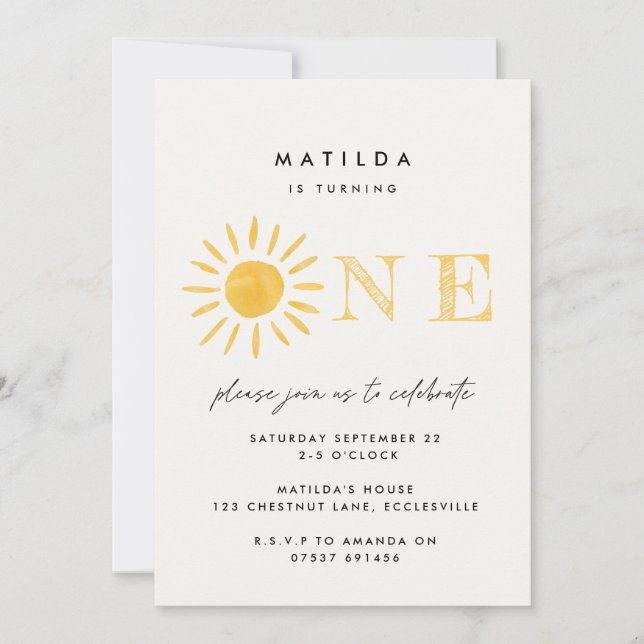 Invitation soleil 1er anniversaire aquarelle soleil jaune mod (Devant)