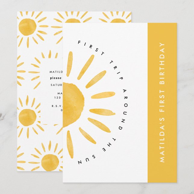 Invitation soleil 1er anniversaire aquarelle soleil jaune mod (Devant / Derrière)