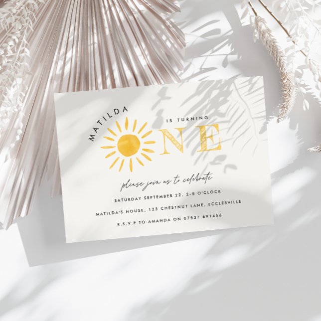 Invitation soleil 1er anniversaire aquarelle soleil jaune mod (Créateur téléchargé)