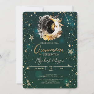 Invitation Soleil Céleste Et Étoiles Lune Quinceanera Verte
