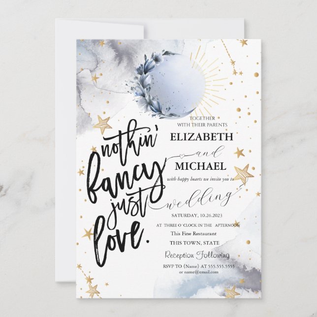 Invitation Soleil céleste, Lune bleue, Mariage d'étoiles (Devant)
