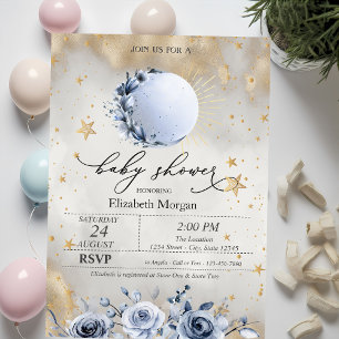 Invitation Soleil céleste, Lune bleue Rose Étoiles Baby showe