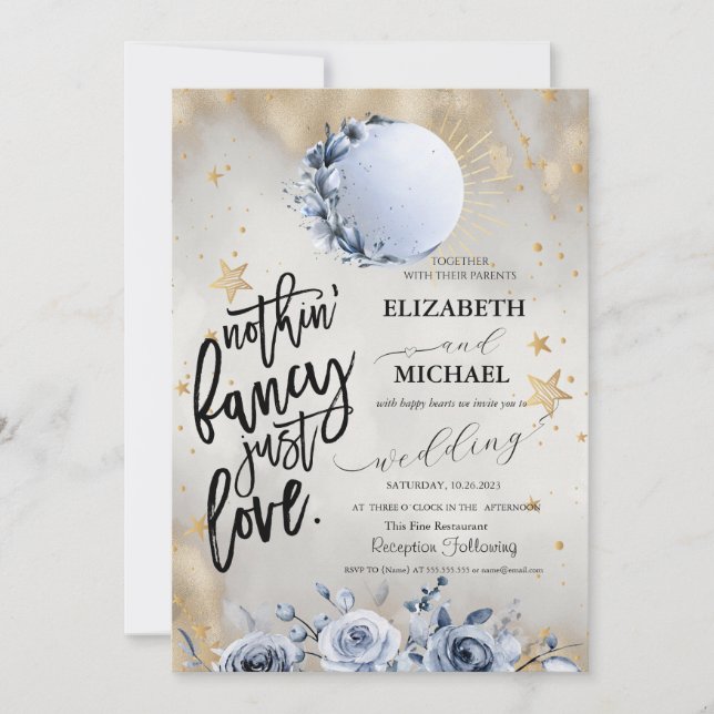 Invitation Soleil céleste, Lune bleue Rose Étoiles Mariage (Devant)