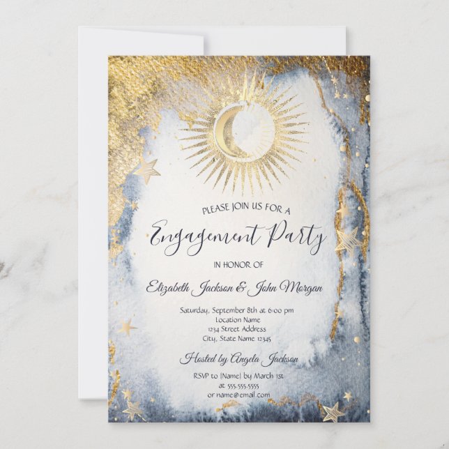 Invitation Soleil céleste, Lune, Etoiles Aquarelle (Devant)