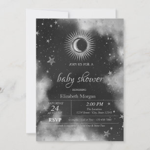 Invitation Soleil céleste, Lune, Étoiles Baby shower gris