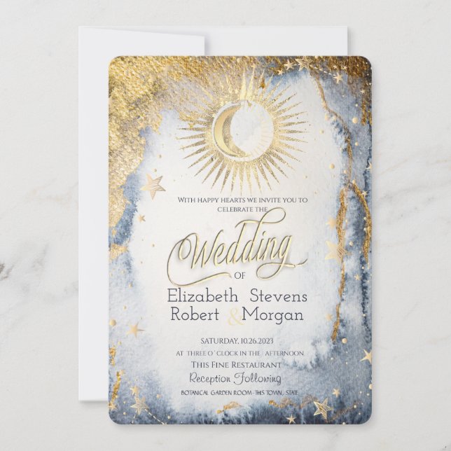 Invitation Soleil céleste, Lune, Étoiles Mariage aquarelle (Devant)