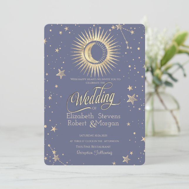 Invitation Soleil céleste, Lune, Étoiles Pastel Mariage (Debout devant)