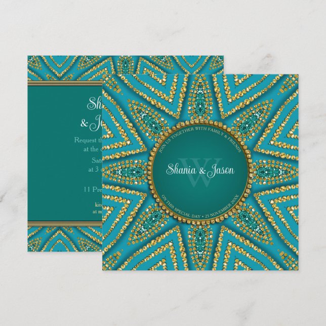 Invitation Soleil de Bohême orientale or étincelant sarcelle (Devant / Derrière)