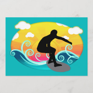 Invitation Soleil, océan et surfeur graphique
