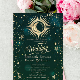 Invitation Soleil Or Céleste Et Étoiles Lune Mariage Vert