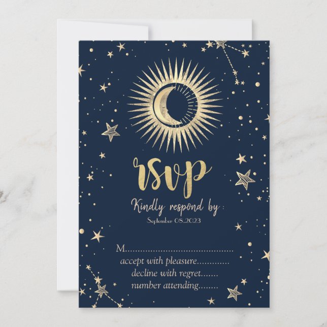 Invitation Soleil Or Céleste Et Étoiles Lune RSVP (Devant)