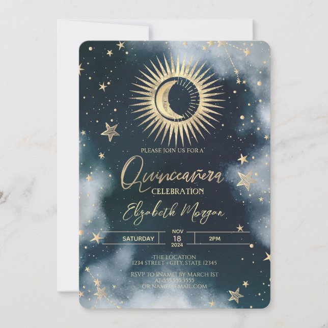 Invitation Soleil Or, Lune, Étoiles Ciel de nuit Quinceanera (Devant)