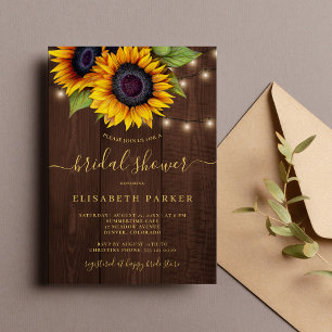 Invitation Soleil rustique or script bois douche nuptiale