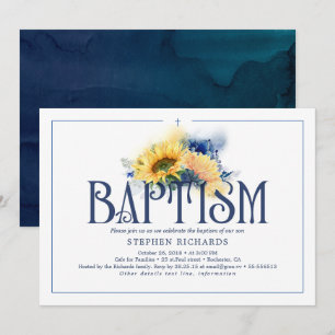 Invitation Soleils Jaunes Tournesols Baptême Bleu Marine Auto