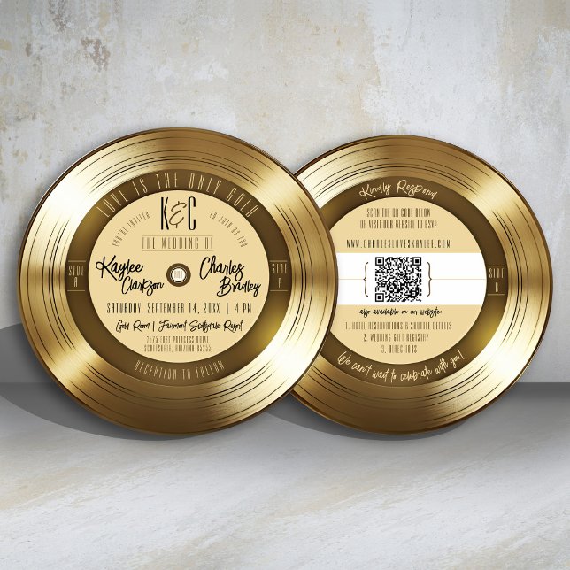 Invitation Solid Gold Vinyl Record Monogramme Mariage de musi (Fun & Unique gold 45 vinyl record hit single song double-sided music theme round wedding invitation)