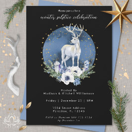 Invitation Solstice d'hiver Deer Bleu Blanc Noël