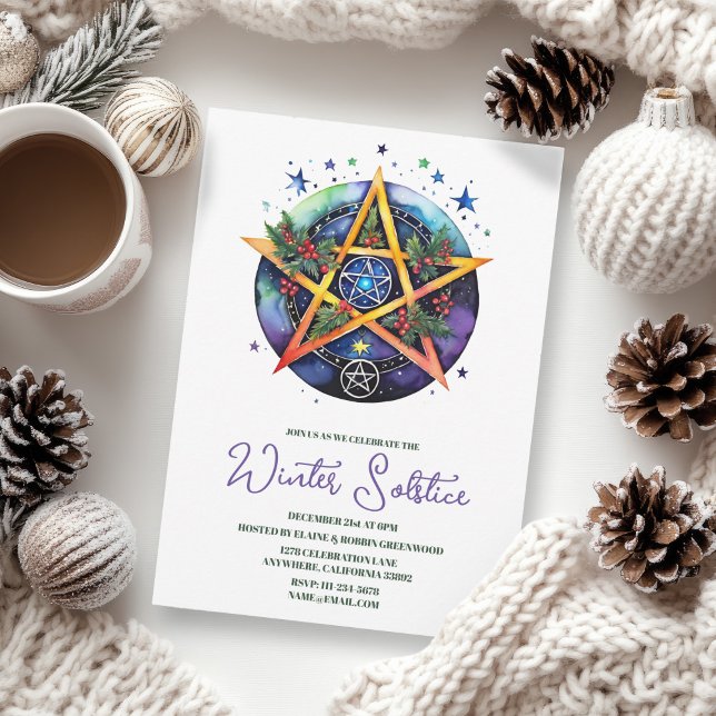 Invitation Solstice d'hiver Holly Yule Pentacle Pagan (Winter Solstice Floral Yule Pentacle Pagan Invitation)