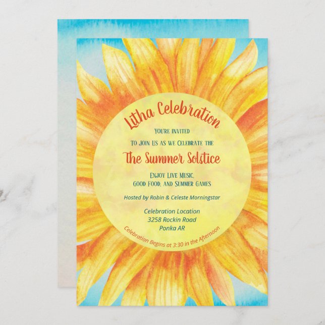 Invitation Solstice été Sunflower Sun Wiccan Litha Party (Devant / Derrière)