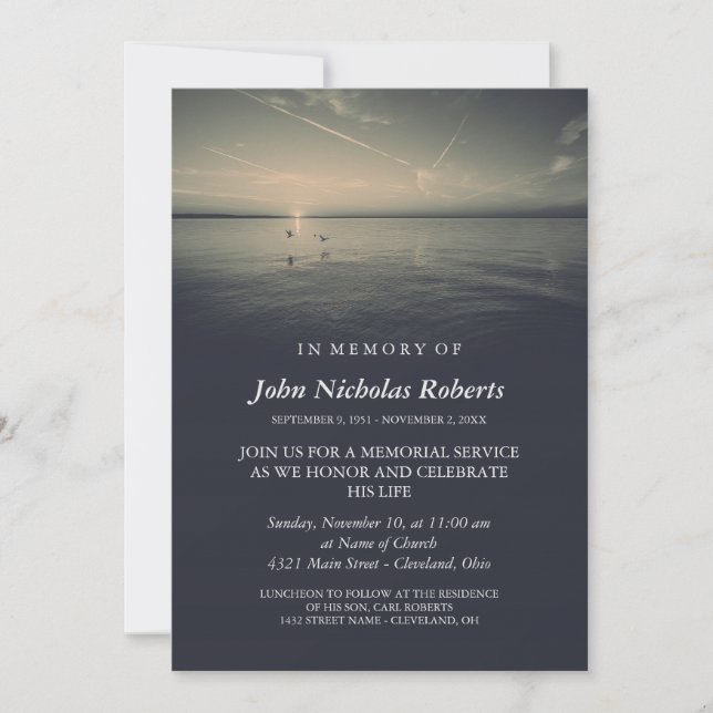 Invitation Somber Birds by Ocean Sunrise Memorial Service (Devant)