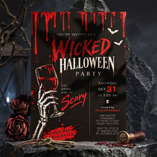 Invitation Sombre Fête d'Halloween Rouge Sang Gothique Méchan