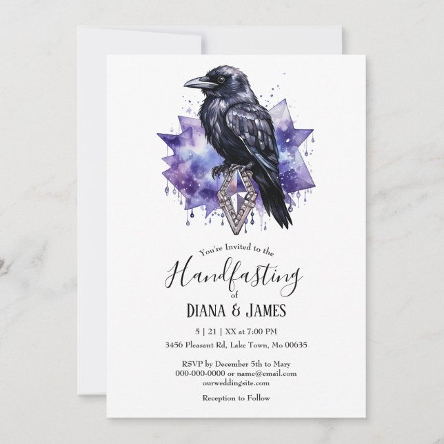 Invitation Sombre Gothique Violet Corbeau & Diamant Manchon (Devant)