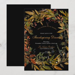 Invitation Sombre Noir Rustique Wreath Thanksgiving Diner Inv