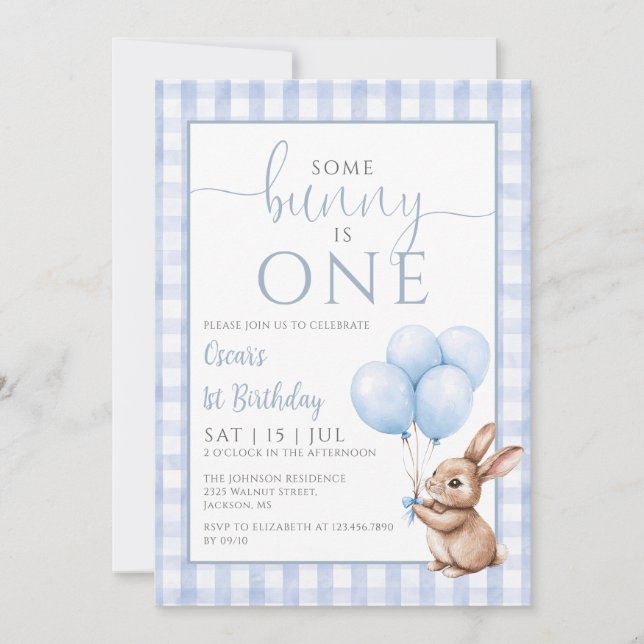 Invitation Some Bunny Is One Blue Balloons 1st Birthday Party (Devant)
