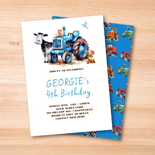Invitation Son anniversaire tracteur bleu Animaux de la ferme