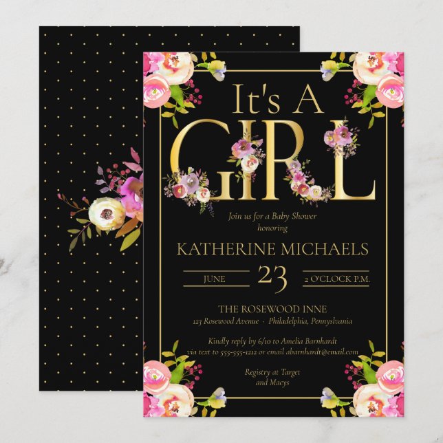 Invitation Son Aquarelle Fille Fleurit Le Baby shower Floral  (Devant / Derrière)