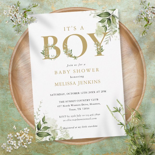Invitation Son Baby shower A Boy Greenery Foliage Gold Letter (Créateur téléchargé)