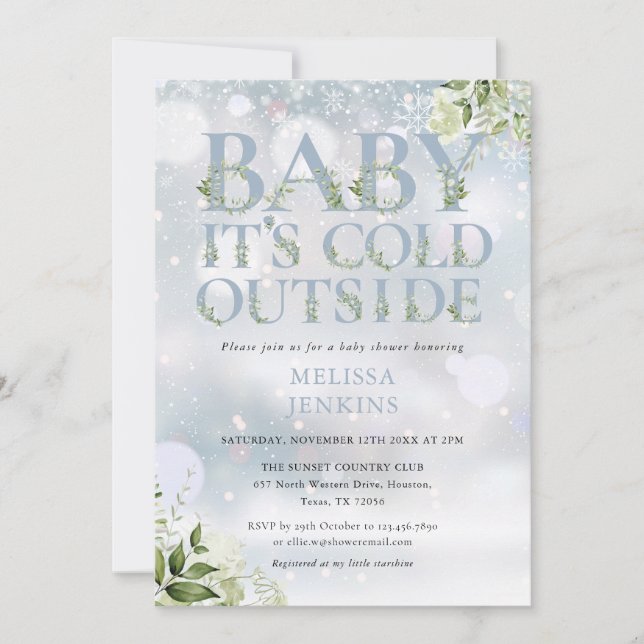 Invitation Son Baby shower d'hiver verdoyant et froid (Devant)