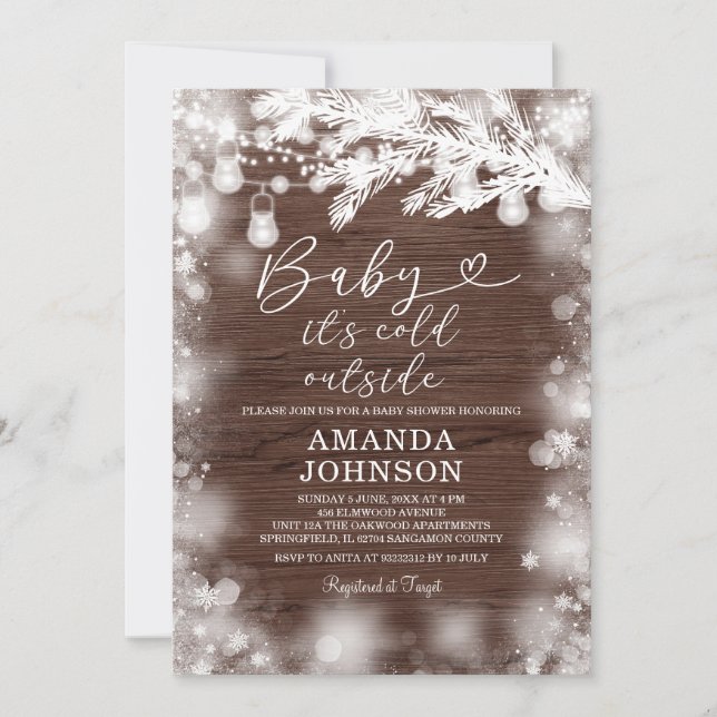 Invitation Son Baby shower en bois d'hiver à l'extérieur du f (Devant)