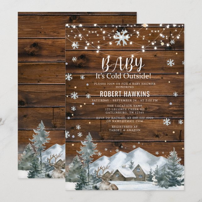 Invitation Son Baby shower Froid Hiver En Bois Rustique (Devant / Derrière)