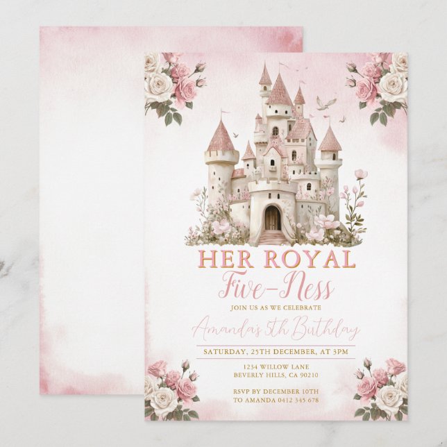 Invitation Son château royal de cinq-ies Anniversaire Fleurs  (Devant / Derrière)